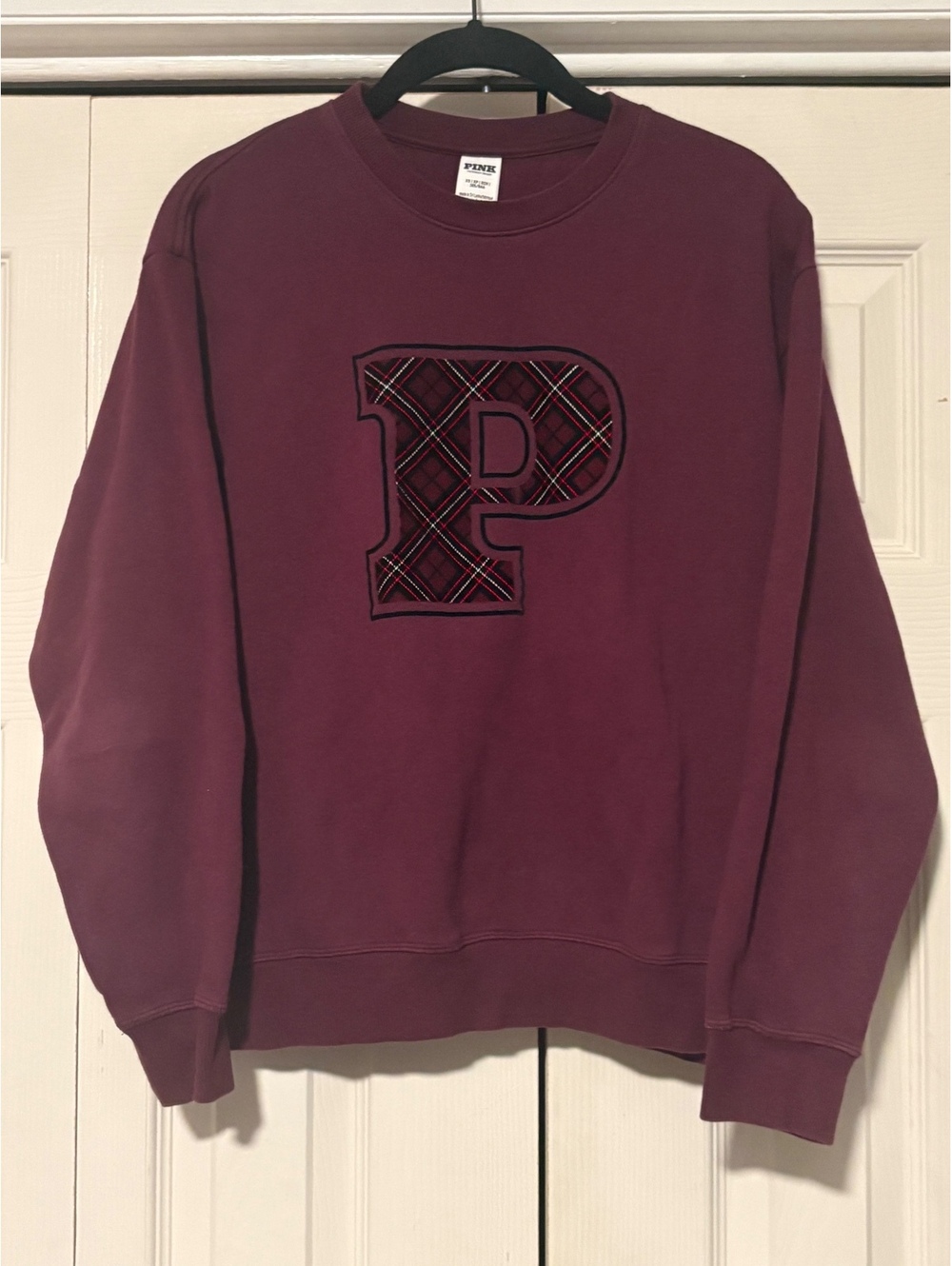 Victoria’s Secret PINK Sweatshirt Womens XS Burgundy Plaid Varsity P Crewneck